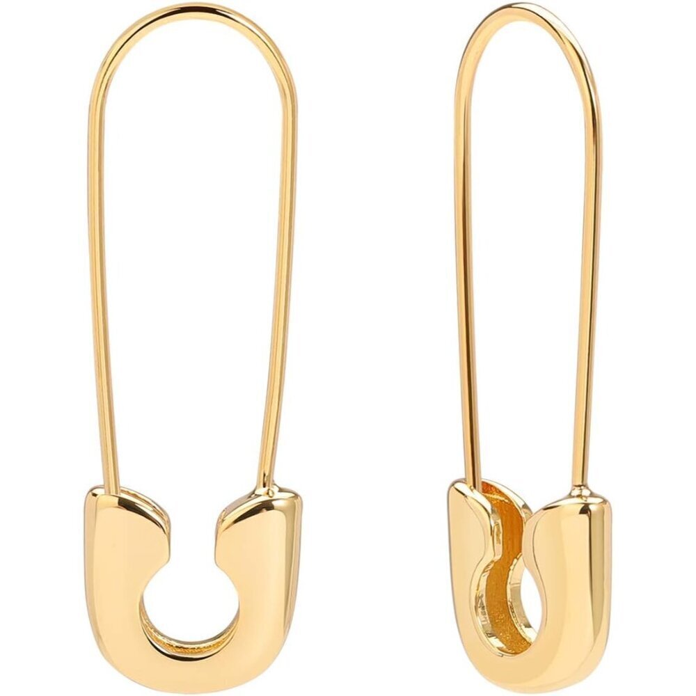 Gold Brass Safety Pin Earrings Women Minimalist Dangle Hoop Studs Fashion Jewelr